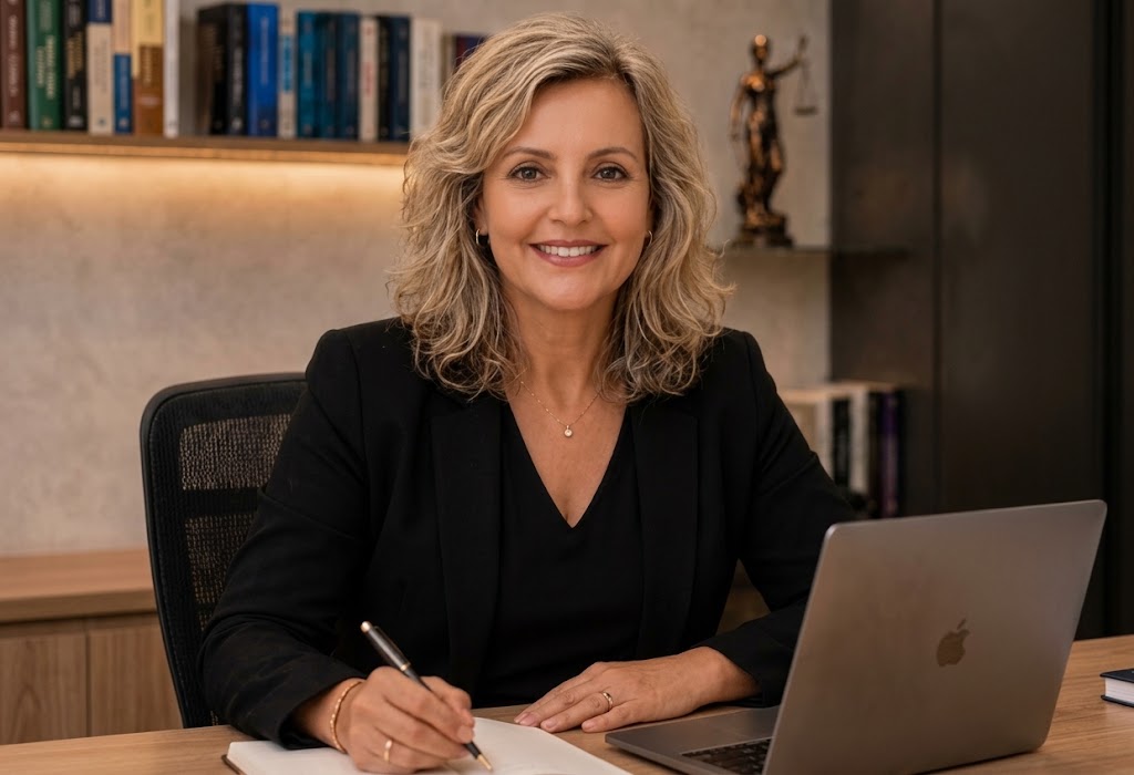Patrícia Lourenço sentada à mesa com caneta e notebook em seu escritório